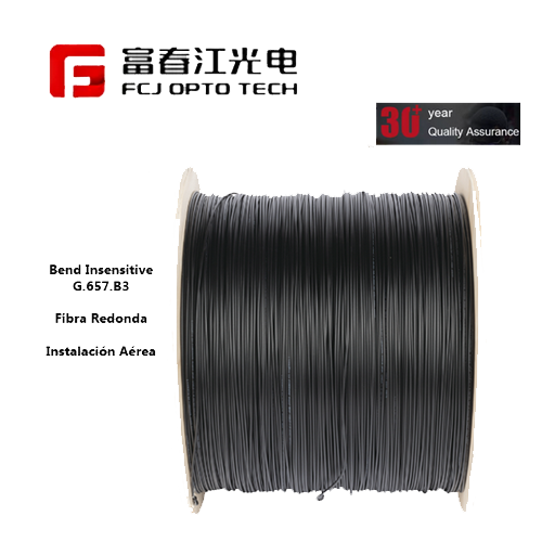 Carrete de 2 km de Fibra Óptica Aérea redonda (Figura 0) G.657B3 tipo Drop, Monomodo, 1 hilo, forro de 3 mm