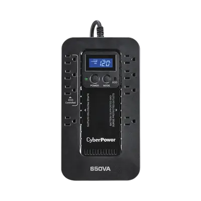 UPS de 650 VA/390 W, Topología Standby con Modo Ahorrador ECO, Entrada 120 Vca NEMA 5-15P, Con 8 Tomas NEMA 5-15R