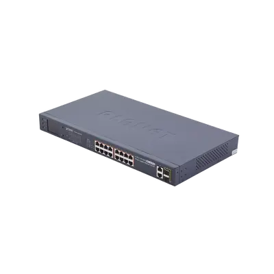 Switch no administrable PoE+ Extended, Aislamiento VLAN de 16 puertos + 2 combo TP/SFP Gigabit y Pantalla