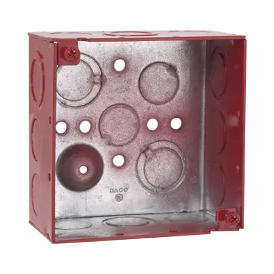 Caja Cuadrada Galvanizada  de 4" /Profundidad de 2 1/8" / Cuenta con 11 KO de 1/2" y 6 TKO (1/2" - 3/4")/ Color Rojo.