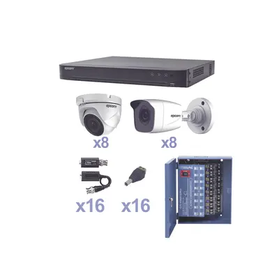 KIT TurboHD 1080p / DVR 16 Canales / 8 Cámaras Bala (exterior 2.8 mm) / 8 Cámaras Eyeball (exterior 2.8 mm) / Transceptores / Conectores / Fuente de Poder Profesional