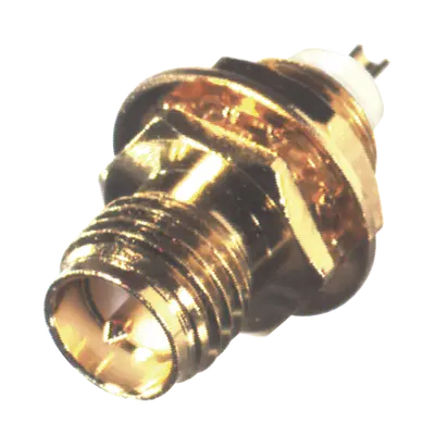 Conector SMA Hembra Inverso de Montaje Frontal en Panel, D-Plano, Soldable, Oro/ Oro/ Teflón.