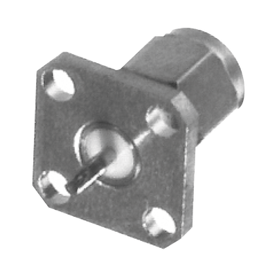 Conector SMA Macho de Montaje en Panel de 4 Perforaciones y Terminal Soldable, Níquel/ Oro/ Teflón.​
