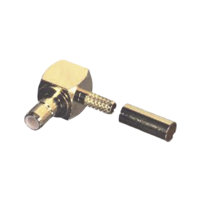 Conector SMB Hembra (Jack) en Ángulo Recto, (Pin Macho), Anillo Plegable para RG-174/U, Oro/ Oro/ Teflón.