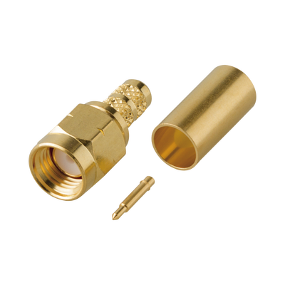 Conector SMA Macho de Rosca Izquierda, Anillo Plegable para Cable RG-58/U, Oro/ Oro/ Teflón.