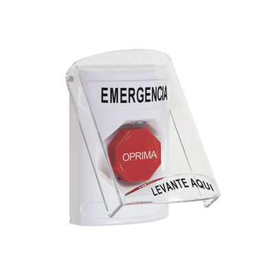Botón Multipropósito, Color Blanco, De Superficie, Con Tapa De Policarbonato, Con Bocina Pre Alarma, Para Interior, Llave Para Restablecer, Texto De Emergencia, Español