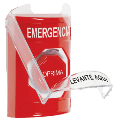Botón Multipropósito, Color Rojo, De Superficie, Con Tapa De Policarbonato, Con Bocina Pre Alarma, Para Interior, Llave Para Restablecer, Texto De Emergencia, Español