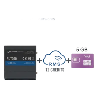 Router Teltonika LTE/4G RUT200 + 12 creditos RMS + SIM de YOBI de 5GB por Mes durante un año de servicio (solo datos)