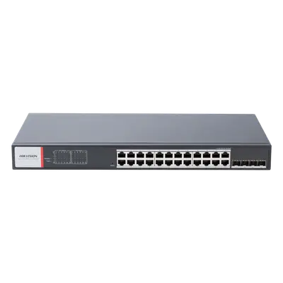 Switch Gigabit PoE+ / Industrial / Administrable / 24 Puertos 1000 Mbps PoE+ / 4 Puertos SFP / Configuración Nube Hik-PartnerPro / Modo Extendido hasta 300 Metros / 370 W