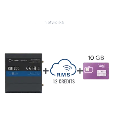 Router Teltonika LTE/4G RUT200 + 12 creditos RMS + SIM de YOBI de 10GB por Mes durante un año de servicio (solo datos)