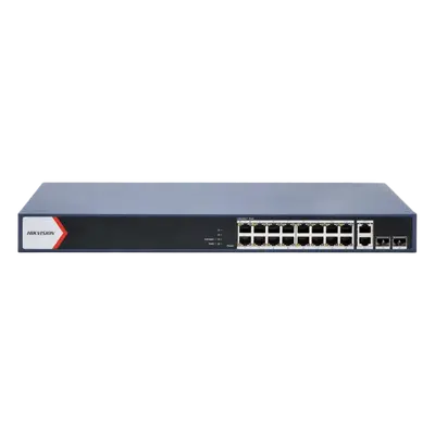 Switch PoE+ / Administrable / 16 puertos 1000 Mbps PoE+ / 2 Puertos 1000 Mbps Uplink / 2 Puertos SFP de Uplink / Configuración Nube Hik-Partner Pro / Modo Extendido hasta 300 metros / 230 W