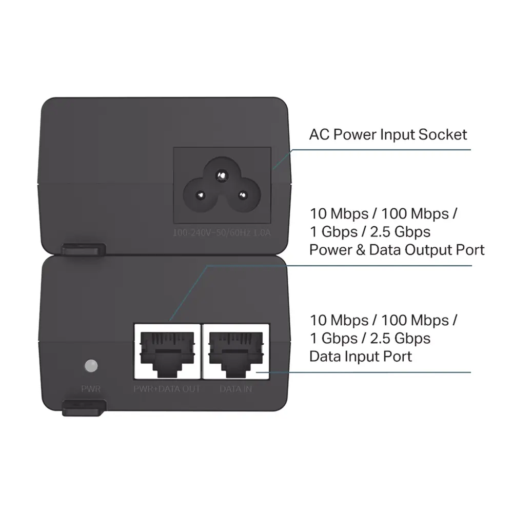 Inyector PoE+ / 30W / 2 Puertos 2.5 Gbps / 802.3af/at / Alcance 100 m (328 ft) / Plug and Play - Imagen 3