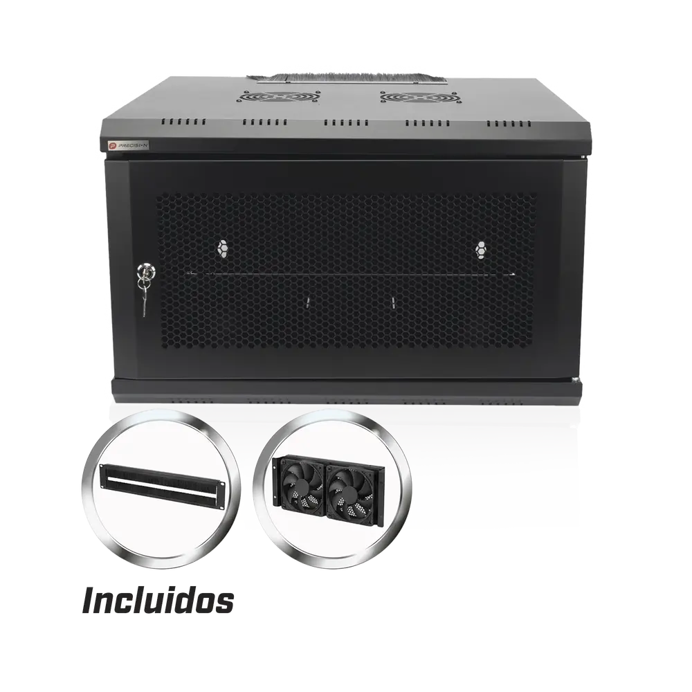 Gabinete de Pared 19 in / 6U / Profundidad 455 mm / Carga 60 kg / Puerta Perforada / 2 Ventiladores / Panel Cepillo