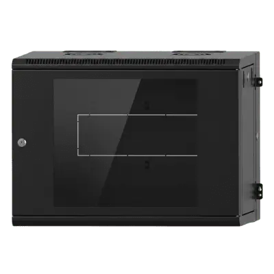 Gabinete Rack / 9U / Montaje en Pared / Puerta de Cristal Templado / Carga 80 kg / Abatible 120° / Ventilación 120 mm / Acero Calibres 18-22