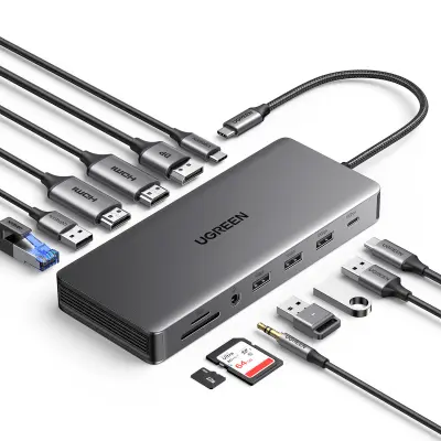 Docking Station USB-C 12 en 1 / 2 HDMI 4K@60Hz + DisplayPort 4K@60Hz / 6 Puertos USB 3.2/3.0 / Gigabit Ethernet / Lector SD/TF / Audio 3.5mm / PD 100W / Triple Pantalla