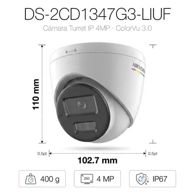 Cámara Turret IP / 4 Megapixel / Color 24/7 / Lente 2.8 mm / FOV 101.5° / IR 30 m (98.4 ft) + Luz Blanca 30 m (98.4 ft) / WDR 120 dB / IP67 / PoE - Imagen 2