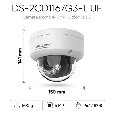 Cámara Domo IP / 6 Megapixel / Dual Light 30 m (98.4 ft) / ColorVu 3.0 / AcuSense Lite / IP67 IK08 / PoE - Imagen 2