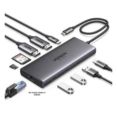 Docking Station USB-C 10 en 1 / Dual HDMI 4K 60Hz y 8K 30Hz / Carga PD 100W / Ethernet Gigabit / USB 3.0 / Lector SD-TF - Imagen 2