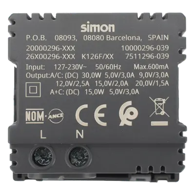 Módulo de Carga USB Doble / 30W PD+QuickCharge / USB-A + USB-C / 45x45 mm / Grafito - Imagen 2