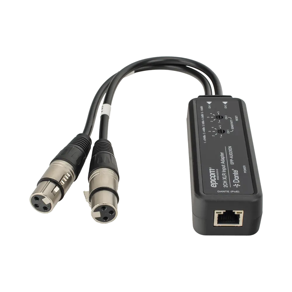 Extensor de Audio / 2 Canales XLR Balanceada/No Balanceada / Salida Digital Dante® / Latencia 1/2/5 ms / Ancho de Banda 100 Mbps / PoE y USB-C