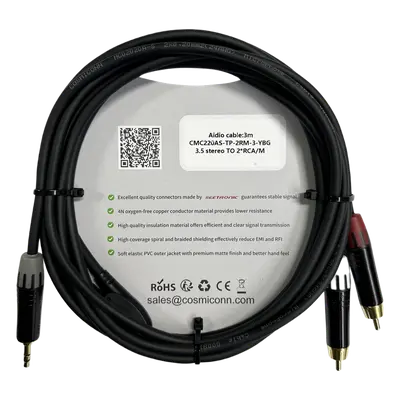 Cable Audio 3.5mm a 2 RCA / 3m (9.8ft) / Conectores Negros / Diferenciadores Rojo y Blanco / Nylon Trenzado / Cobre OFC - Imagen 2